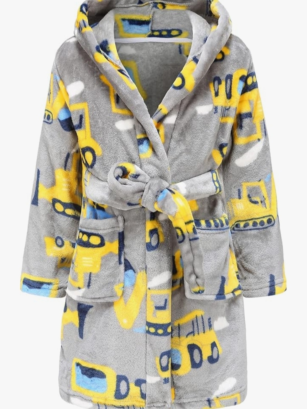 Kids Hooded Construction Print Robe in Grey and Yellow
